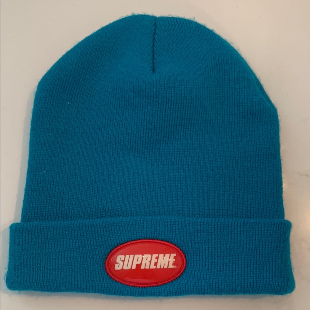 Supreme Teal Knit Cap with Red Logo